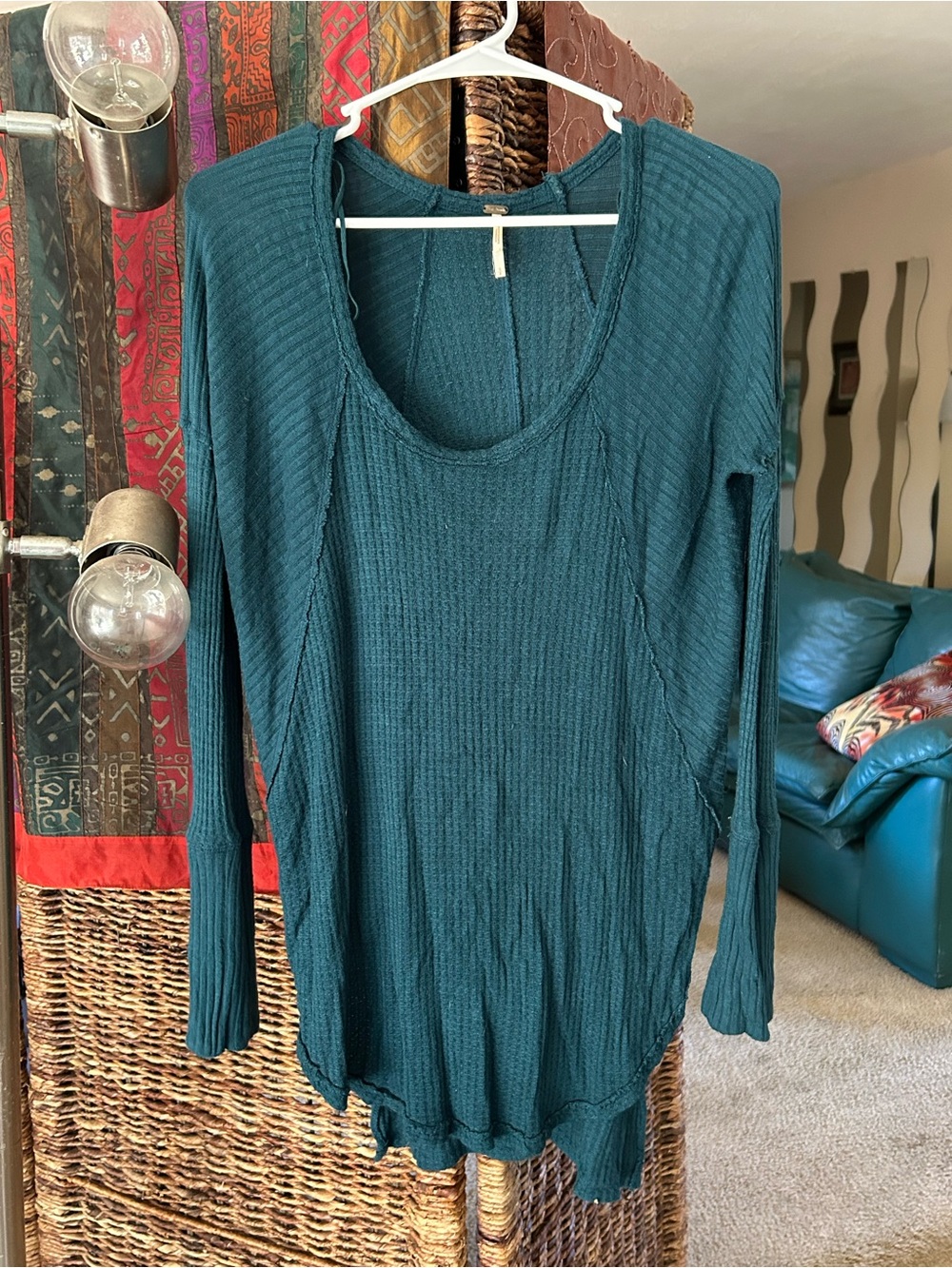 Free People Ventura Teal High Low Thermal Tunic Top Size S - Picture 2 of 4